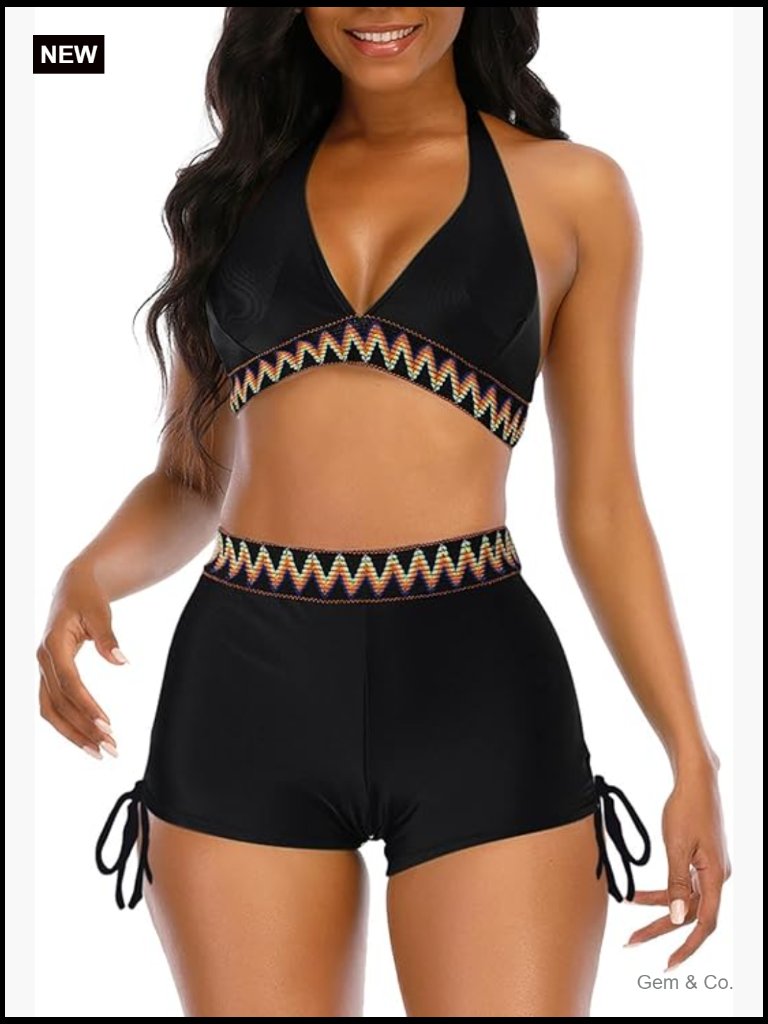 High Waisted Bikini Set With Boy Shorts Triangle Top Halter Two Piece Swimsuit